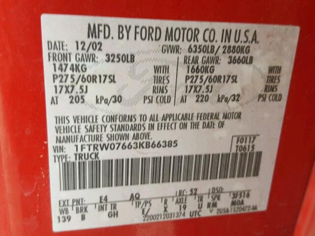 1FTRW07663KB66385 - 2003 FORD F150 SUPER RED photo 10