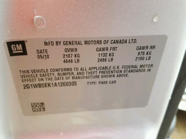 2G1WB5EK1A1260305 - 2010 CHEVROLET IMPALA LT SILVER photo 10