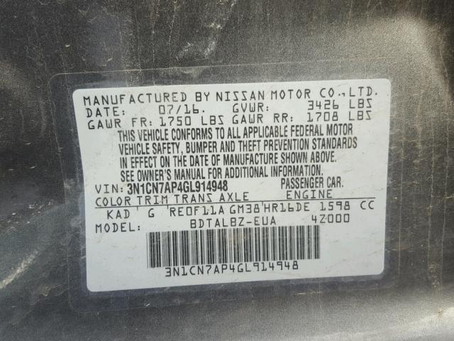 3N1CN7AP4GL914948 - 2016 NISSAN VERSA S CHARCOAL photo 10