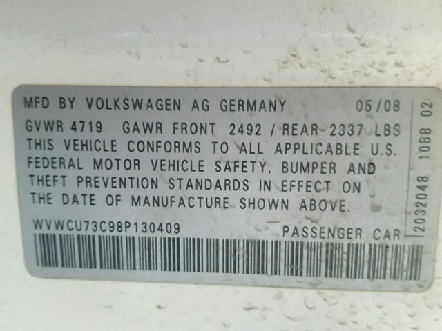 WVWCU73C98P130409 - 2008 VOLKSWAGEN PASSAT VR6 WHITE photo 10