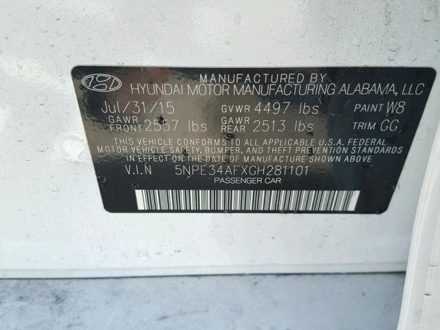 5NPE34AFXGH281101 - 2016 HYUNDAI SONATA SPO WHITE photo 10