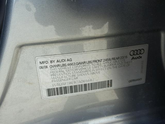 WAUAF78E97A065667 - 2007 AUDI A4 2 SILVER photo 10