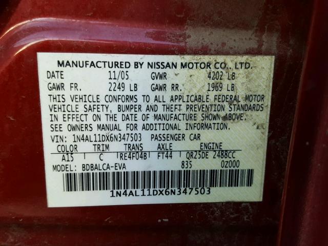 1N4AL11DX6N347503 - 2006 NISSAN ALTIMA S RED photo 10