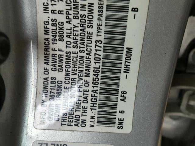 1HGFA16546L107173 - 2006 HONDA CIVIC LX SILVER photo 10