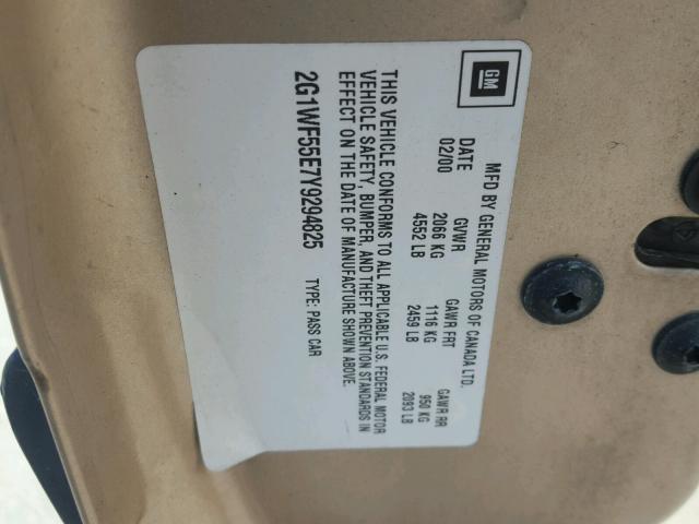 2G1WF55E7Y9294825 - 2000 CHEVROLET IMPALA 金色 照片 10