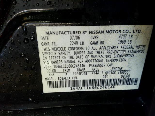 1N4AL11D66C246146 - 2006 NISSAN ALTIMA S BLACK photo 10