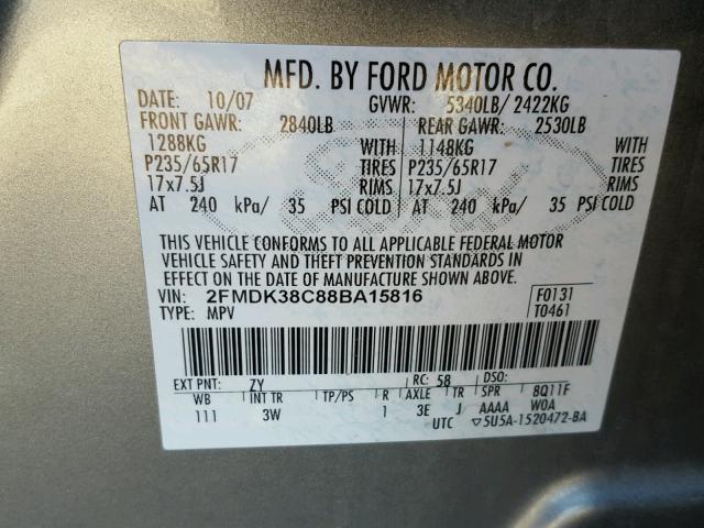 2FMDK38C88BA15816 - 2008 FORD EDGE SEL SILVER photo 10