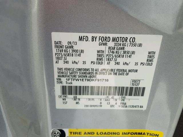 1FTFW1ET9DKF91716 - 2013 FORD F150 SUPER SILVER photo 10