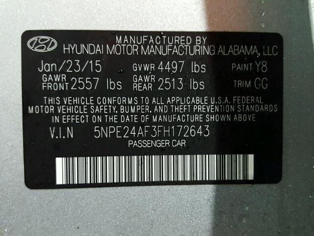 5NPE24AF3FH172643 - 2015 HYUNDAI SONATA SE SILVER photo 10