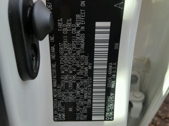 5TDBK3EH5CS161237 - 2012 TOYOTA HIGHLANDER WHITE photo 10