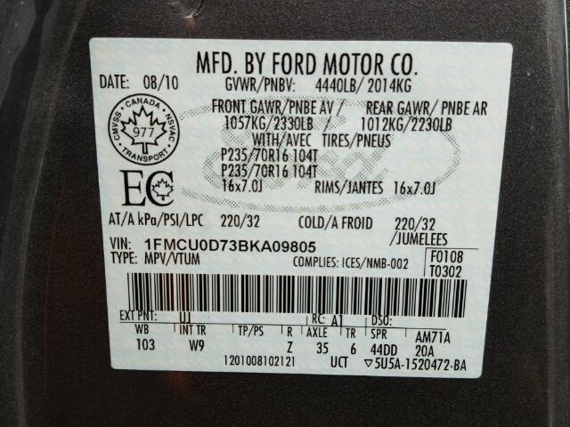 1FMCU0D73BKA09805 - 2011 FORD ESCAPE XLT GRAY photo 10