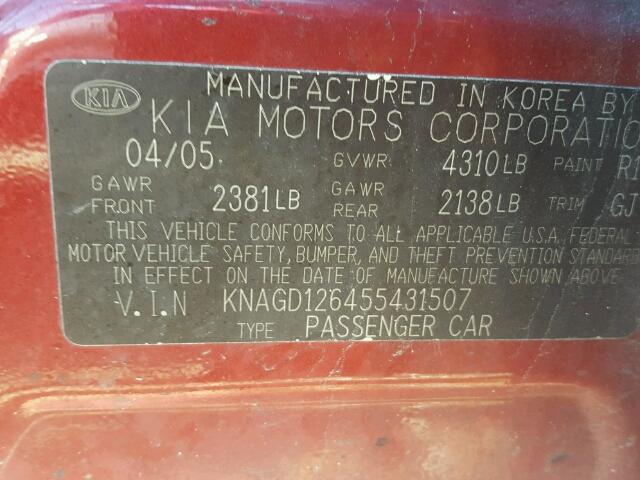 KNAGD126455431507 - 2005 KIA OPTIMA LX RED photo 10