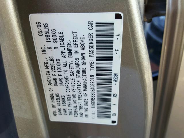 1HGCM56806A089018 - 2006 HONDA ACCORD EX GOLD photo 10