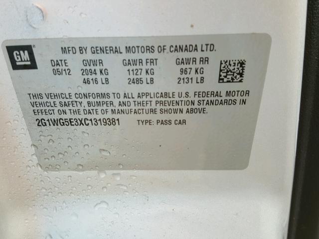 2G1WG5E3XC1319381 - 2012 CHEVROLET IMPALA LT SILVER photo 10