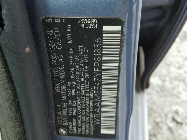 WBAAM3347YFP81856 - 2000 BMW 323 I BLUE photo 10