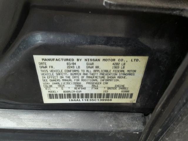 1N4AL11E35C139966 - 2005 NISSAN ALTIMA S GRAY photo 10