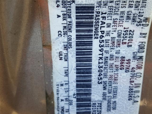 1FALP6539TK130453 - 1996 FORD CONTOUR GL GOLD photo 10