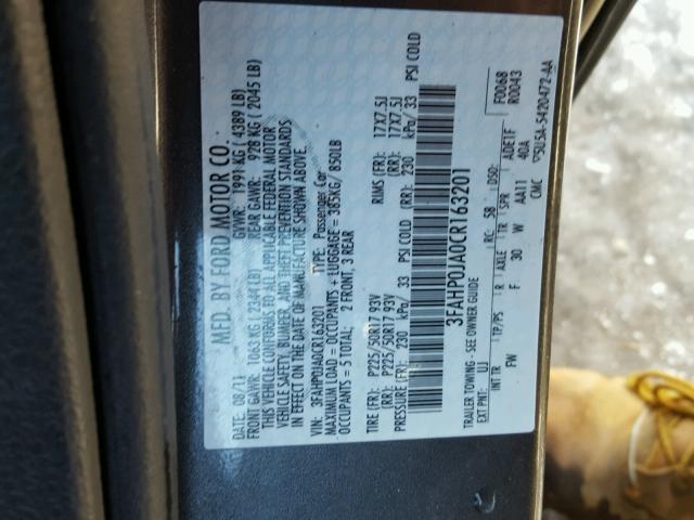 3FAHP0JA0CR163201 - 2012 FORD FUSION SEL GRAY photo 10