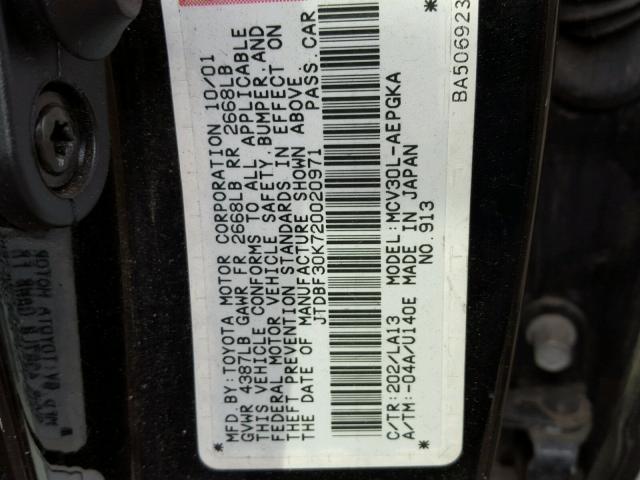 JTDBF30K720020971 - 2002 TOYOTA CAMRY LE BLACK photo 10