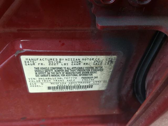 3N1AB61E38L707770 - 2008 NISSAN SENTRA 2.0 MAROON photo 10