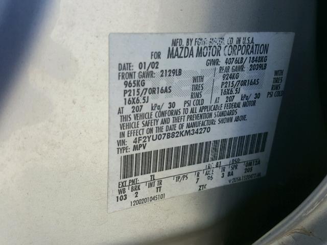 4F2YU07B82KM34270 - 2002 MAZDA TRIBUTE DX 银色 照片 10