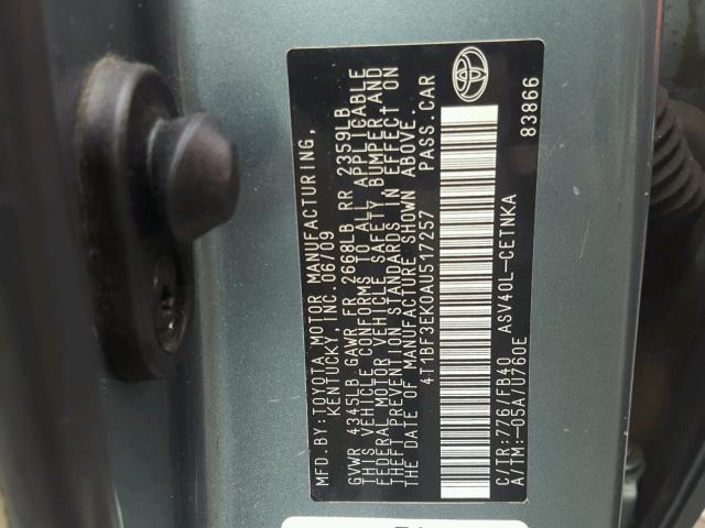 4T1BF3EK0AU517257 - 2010 TOYOTA CAMRY BASE GREEN photo 10