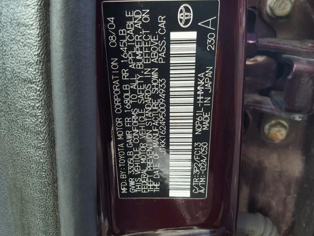 JTKKT624950094933 - 2005 TOYOTA SCION XA BURGUNDY photo 10