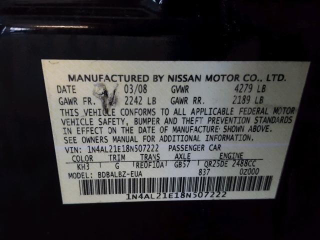 1N4AL21E18N507222 - 2008 NISSAN ALTIMA 2.5 BLACK photo 10