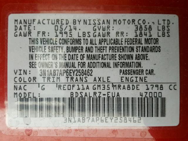 3N1AB7AP6EY258462 - 2014 NISSAN SENTRA S RED photo 10