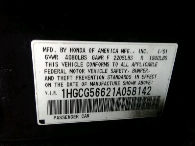 1HGCG56621A058142 - 2001 HONDA ACCORD EX BLACK photo 10