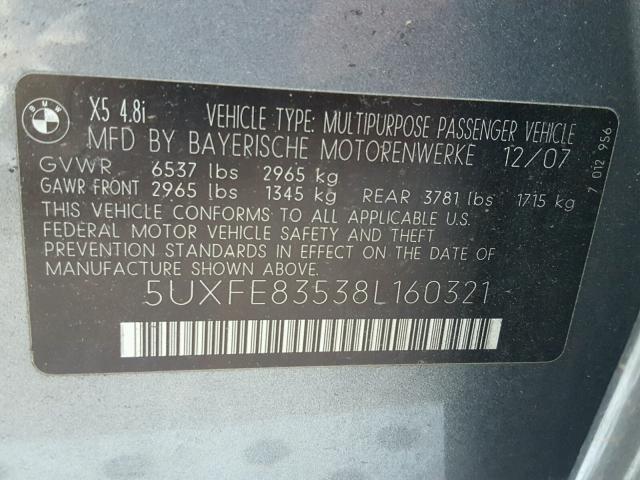 5UXFE83538L160321 - 2008 BMW X5 4.8I GRAY photo 10