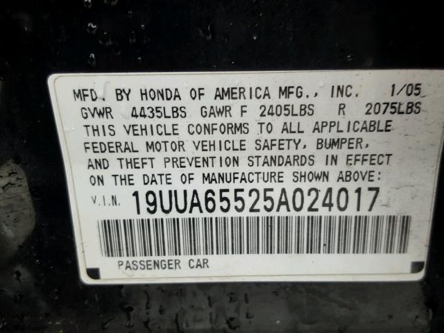 19UUA65525A024017 - 2005 ACURA TL BLACK photo 10