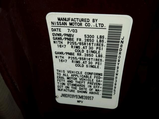 JN8DR09Y93W839957 - 2003 NISSAN PATHFINDER MAROON photo 10