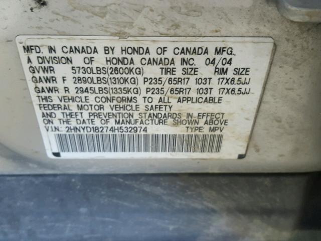 2HNYD18274H532974 - 2004 ACURA MDX SILVER photo 10