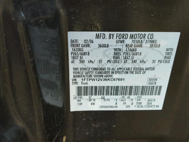 1FTPW12V36KC67691 - 2006 FORD F150 SUPER CHARCOAL photo 10