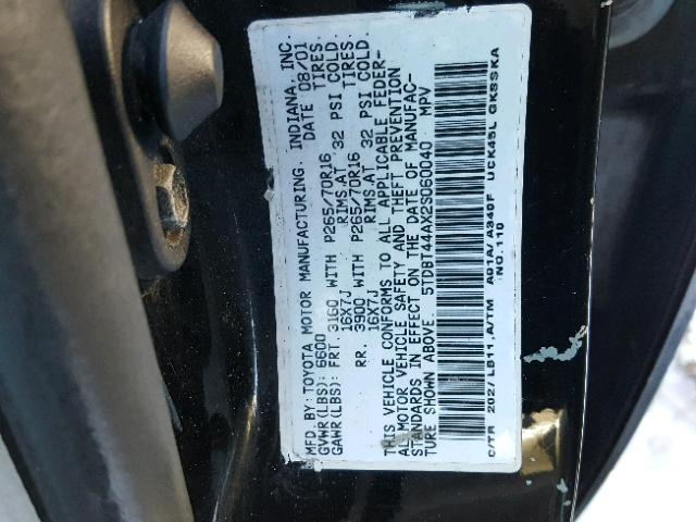 5TDBT44AX2S060040 - 2002 TOYOTA SEQUOIA SR BLACK photo 10