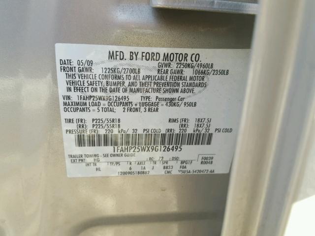 1FAHP25WX9G126495 - 2009 FORD TAURUS LIM BEIGE photo 10