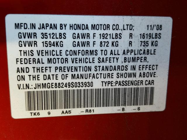 JHMGE88249S033930 - 2009 HONDA FIT RED photo 10