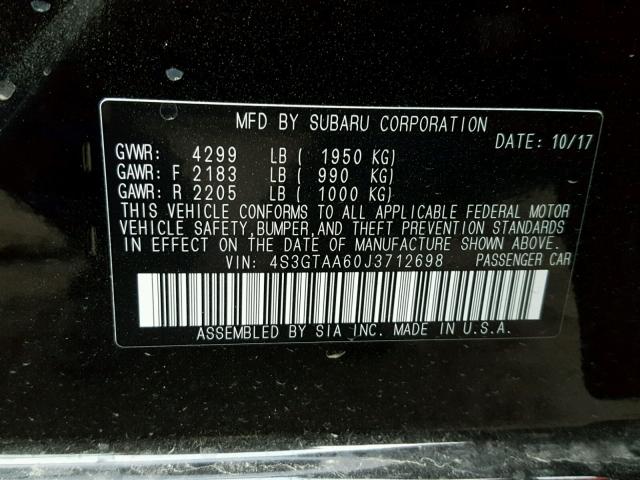 4S3GTAA60J3712698 - 2018 SUBARU IMPREZA BLACK photo 10