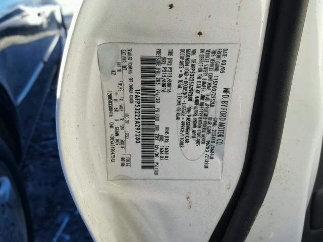 1FAFP53225A297280 - 2005 FORD TAURUS SE WHITE photo 10