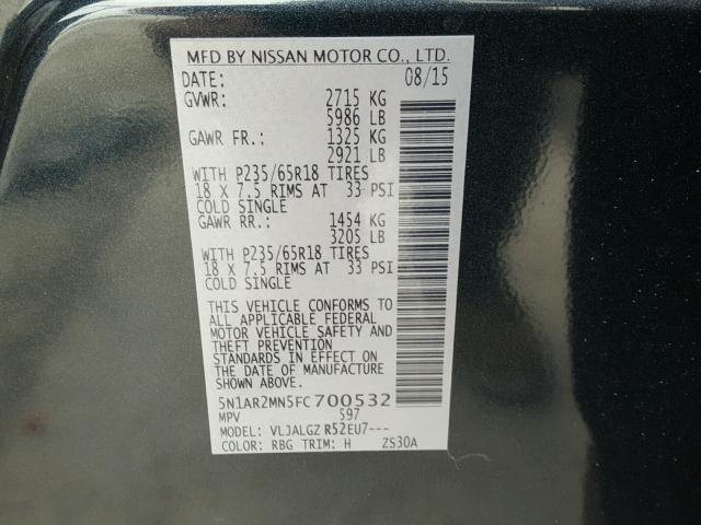 5N1AR2MN5FC700532 - 2015 NISSAN PATHFINDER BLUE photo 10