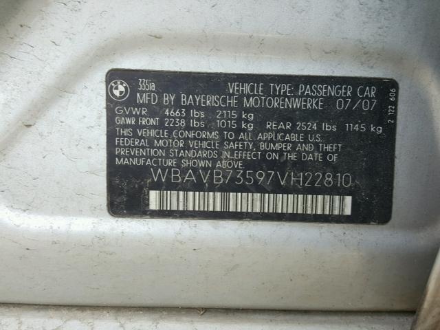 WBAVB73597VH22810 - 2007 BMW 335 I SILVER photo 10