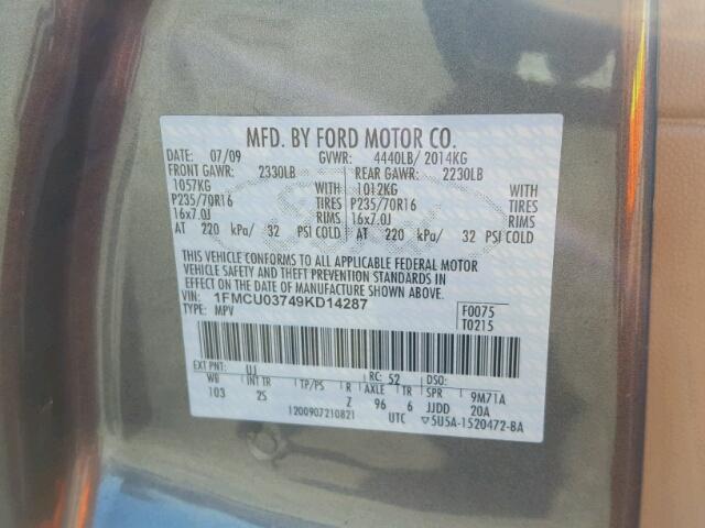 1FMCU03749KD14287 - 2009 FORD ESCAPE XLT GRAY photo 10