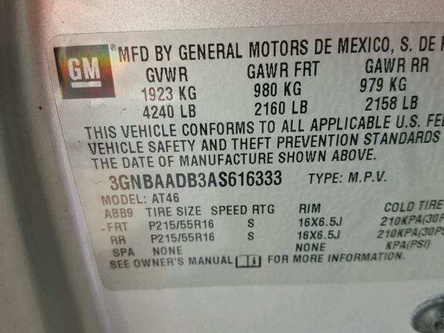 3GNBAADB3AS616333 - 2010 CHEVROLET HHR LS 银色 照片 10