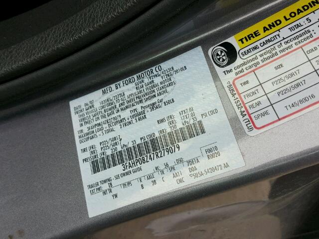 3FAHP08Z47R279079 - 2007 FORD FUSION SEL GRAY photo 10