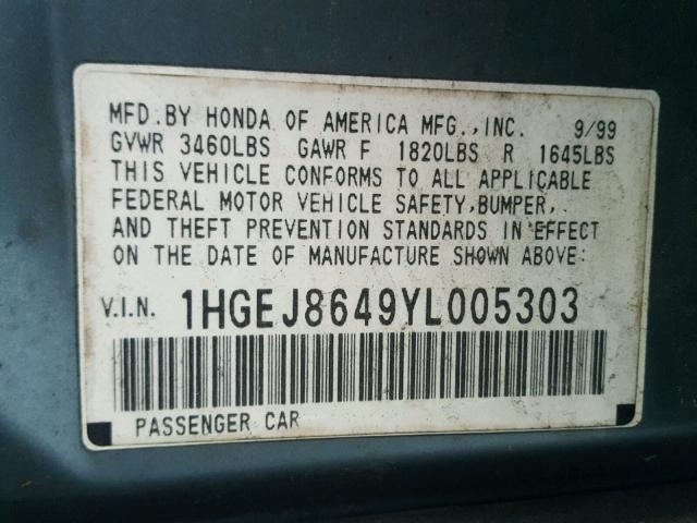 1HGEJ8649YL005303 - 2000 HONDA CIVIC EX ტალღისფერი ფოტო 10