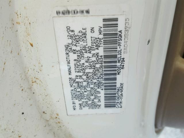 4T3ZF13C81U364634 - 2001 TOYOTA SIENNA LE WHITE photo 10