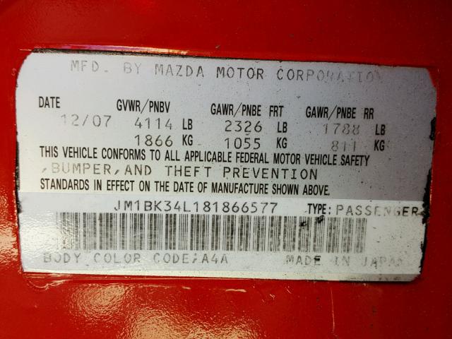 JM1BK34L181866577 - 2008 MAZDA SPEED 3 RED photo 10