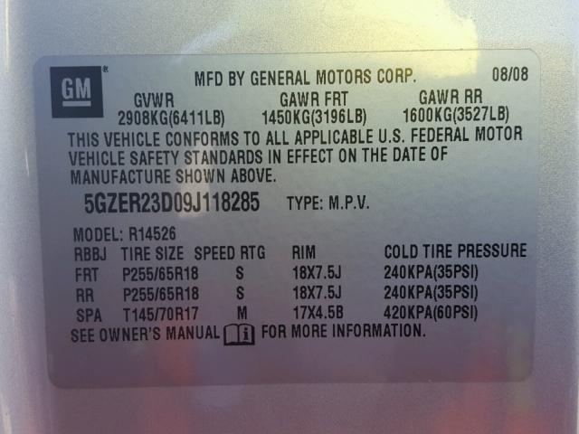 5GZER23D09J118285 - 2009 SATURN OUTLOOK XR თაფლისფერი ფოტო 10