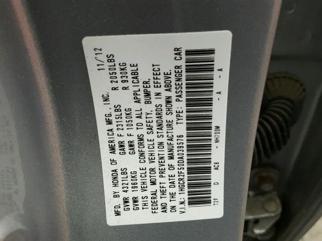 1HGCR2F50DA039576 - 2013 HONDA ACCORD SPO SILVER photo 10